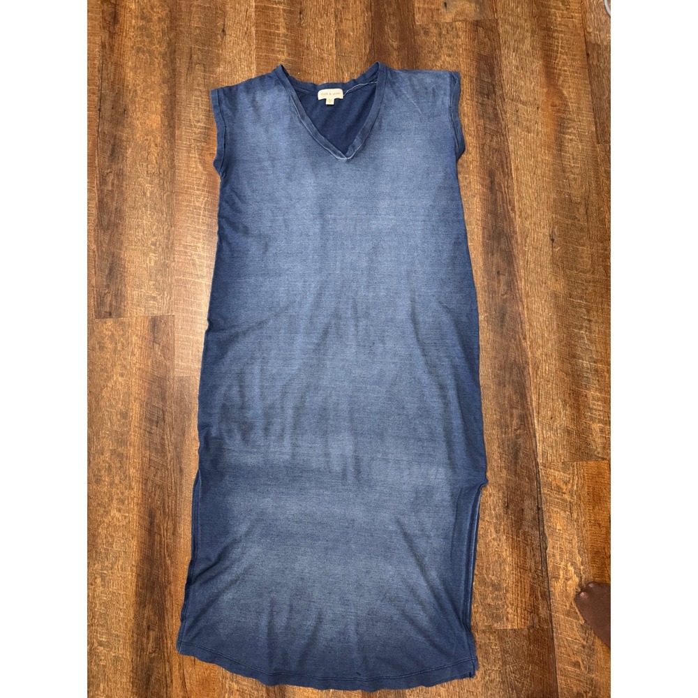 Cloth & Stone Anthropologie Blue Cotton Knit Maxi Dress Side Slit Medium